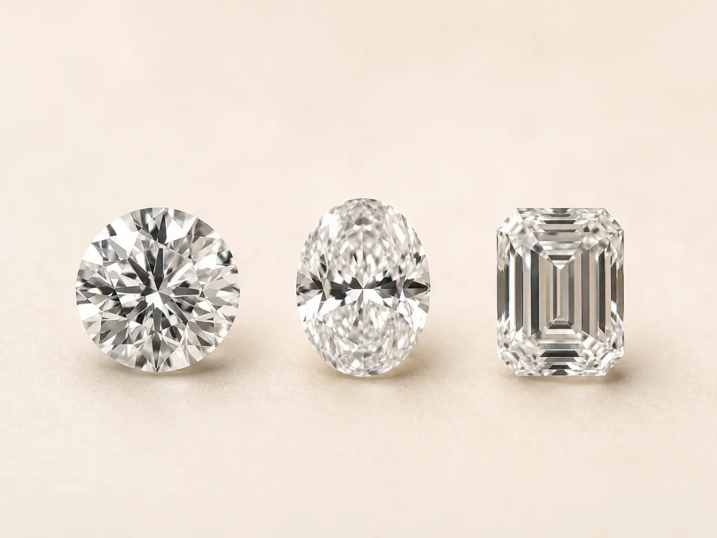 Round brilliant, oval, and emerald cut loose diamonds side by side on a matte ivory surface showing different engagement ring diamond shapes
