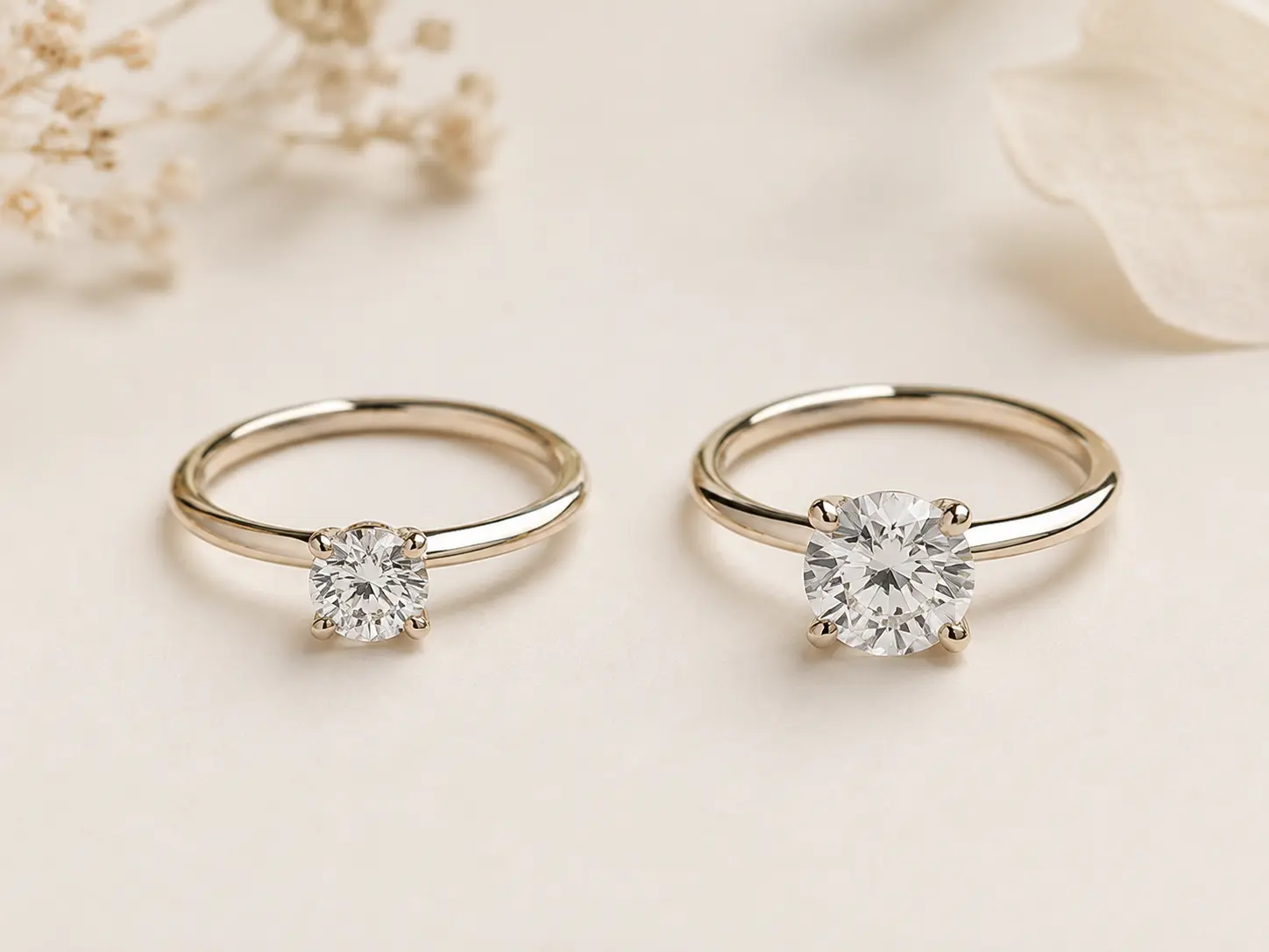 Two diamond engagement rings shown side by side to compare different engagement ring budget choices.