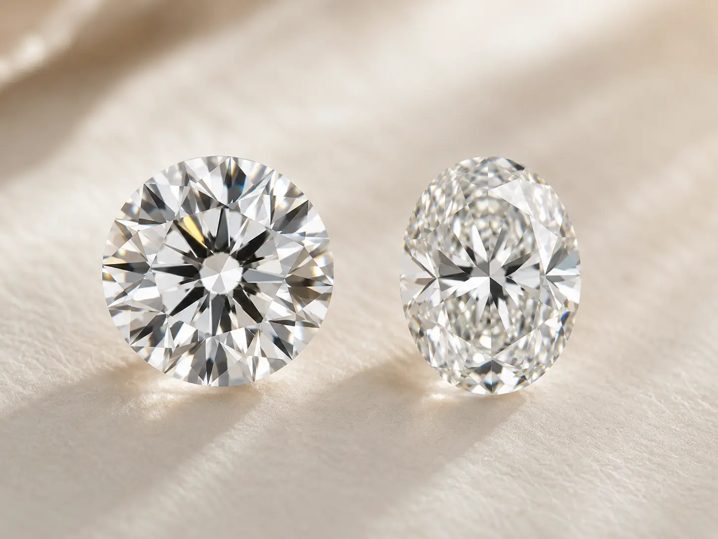 Round brilliant and oval diamond shown side by side to compare cut quality, shape, and face-up appearance for engagement ring budget decisions.