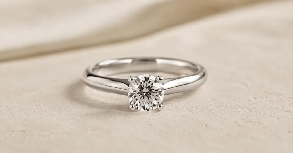 Close-up of a solitaire diamond engagement ring on a soft ivory surface, showing the center stone and band detail