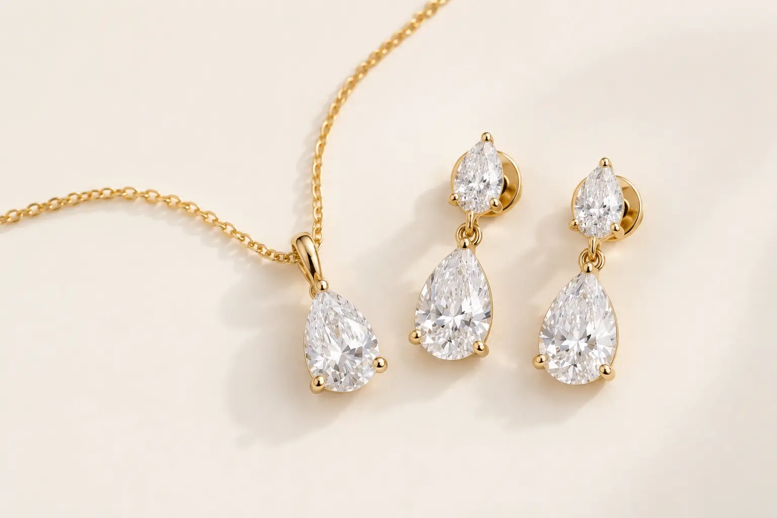 Pear cut diamond drop earrings with the matching pear pendant necklace in 18K yellow gold