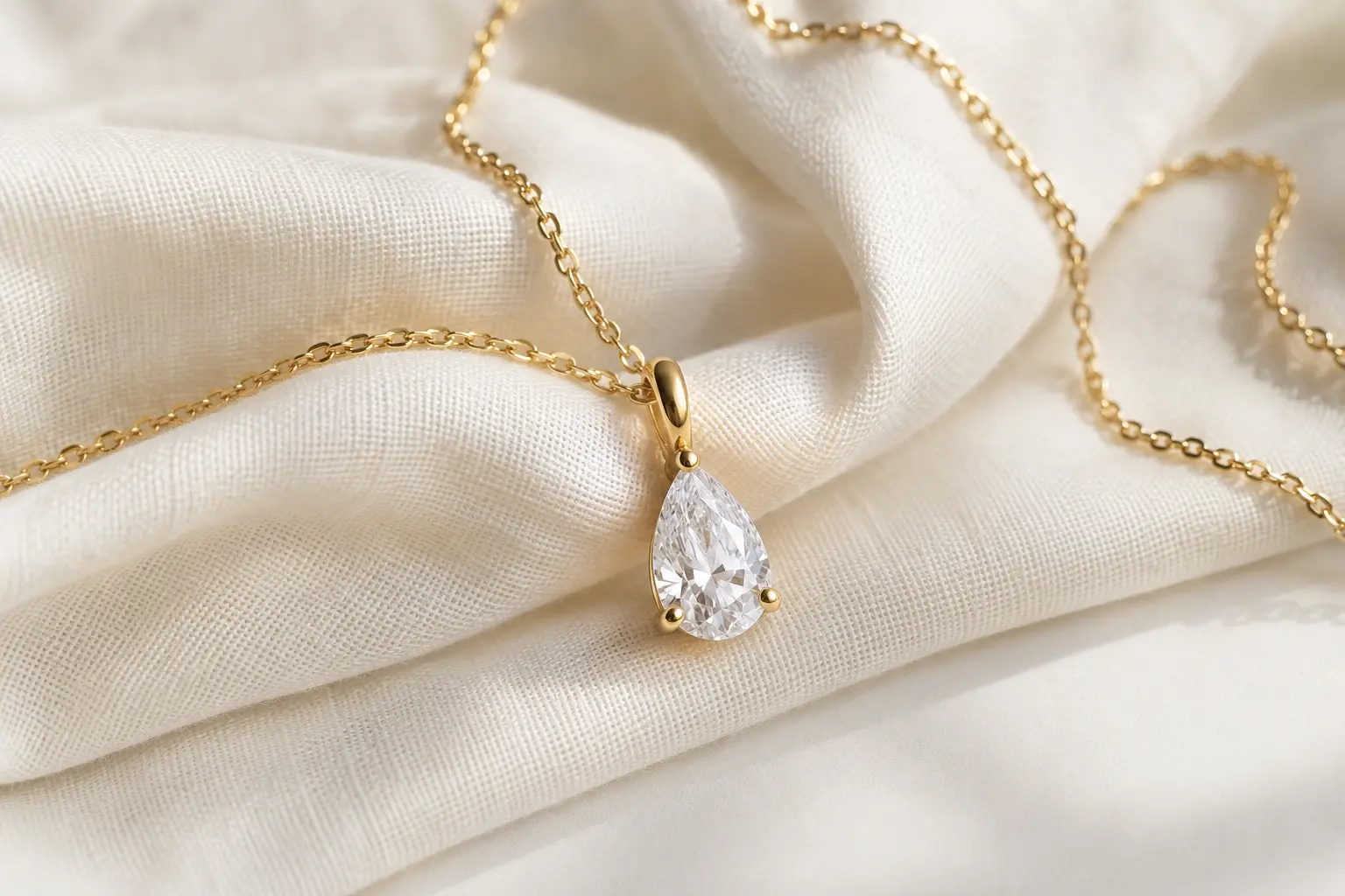 Pear cut diamond pendant necklace in 18K yellow gold styled on soft neutral fabric