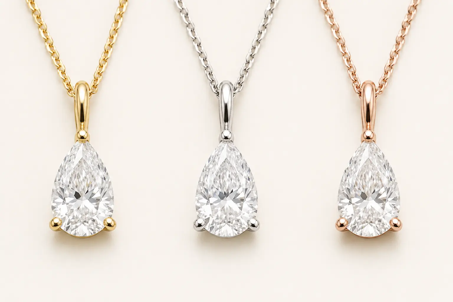 Pear diamond pendant in yellow, white, and rose 18K gold color comparison
