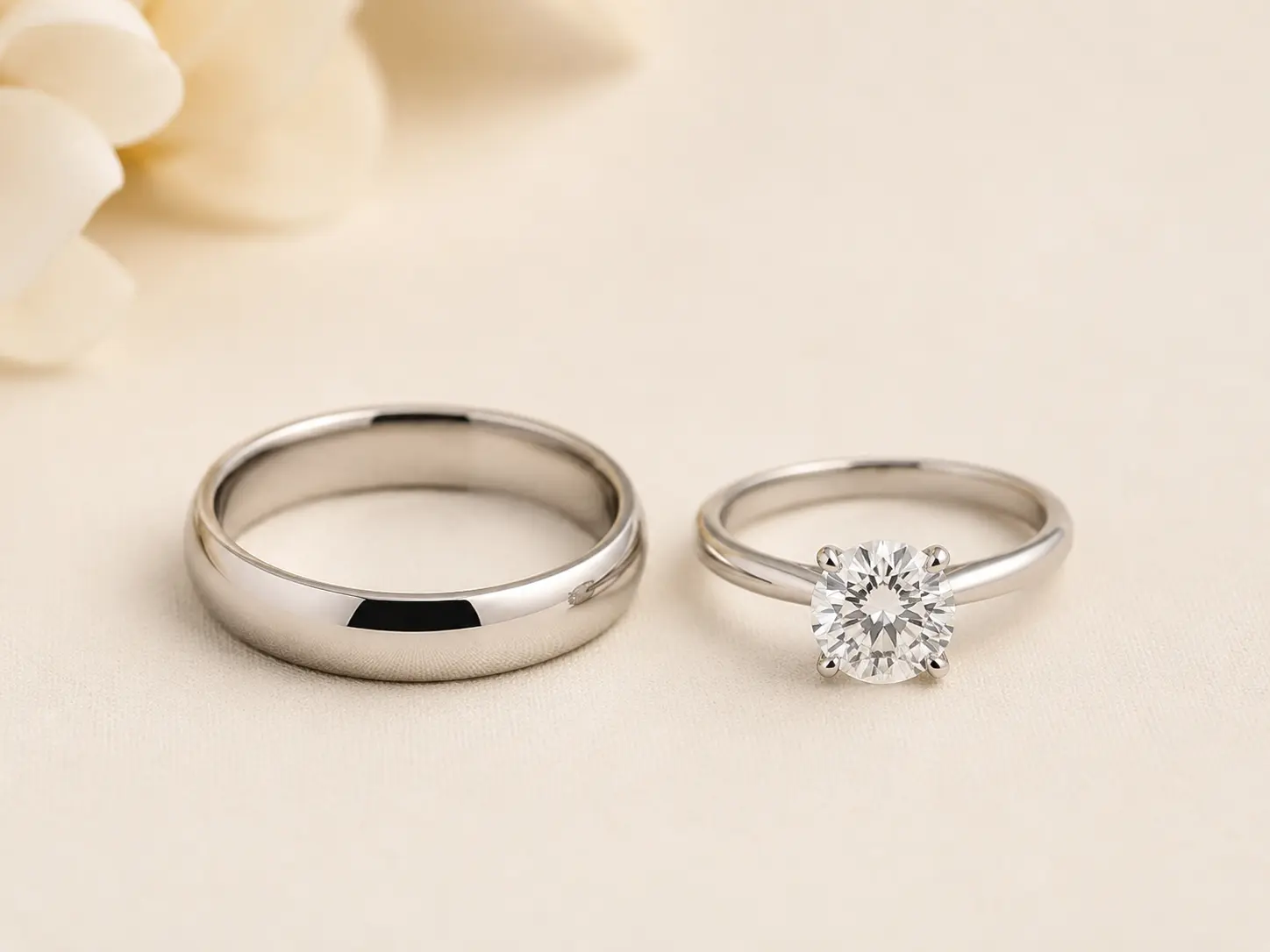 Wedding band and diamond engagement ring shown together to compare proportion, metal tone, and pairing fit.