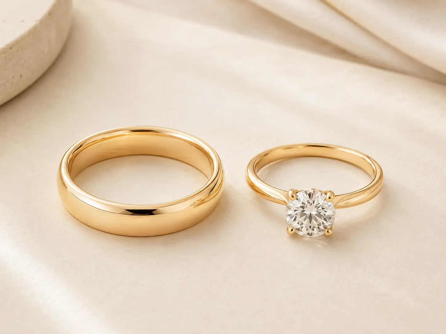 Classic plain gold wedding band and diamond engagement ring placed side by side to show the difference between the two rings.