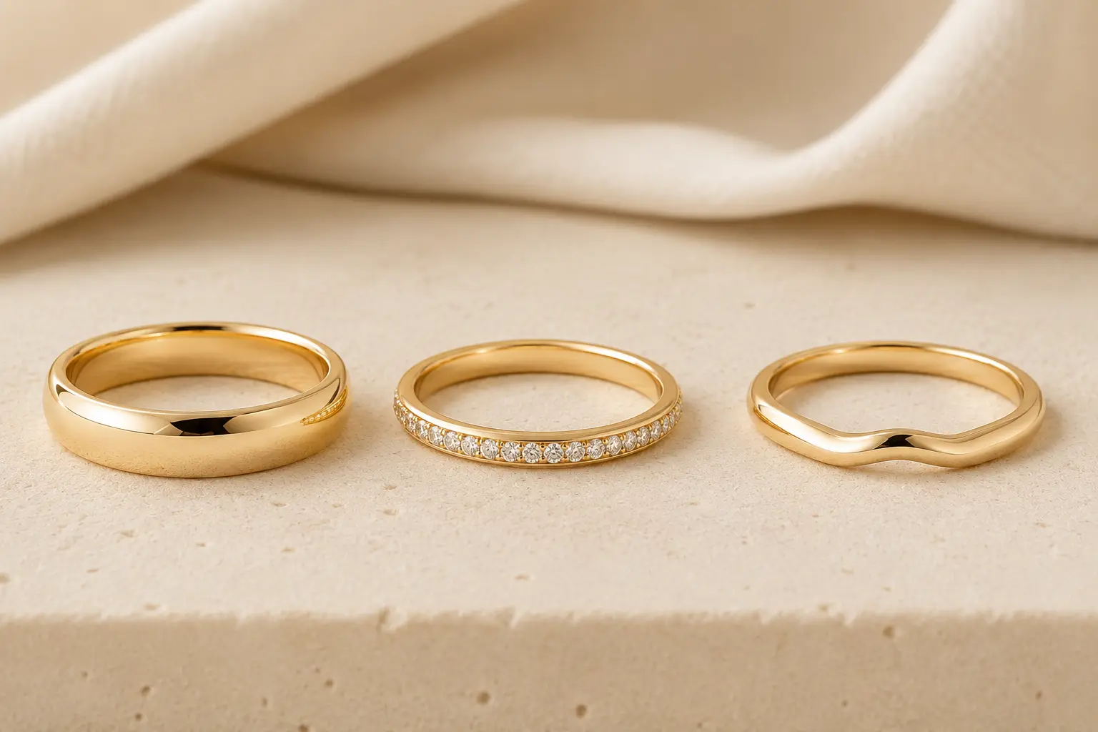 Plain metal wedding band, pavé diamond wedding band, and curved contour band shown together to compare wedding band styles.