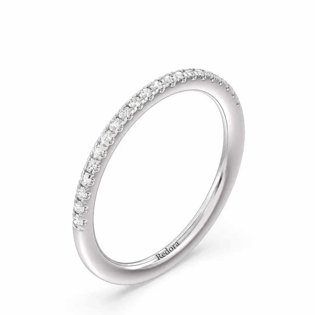 18k white gold thin pave wedding band, angled view showing 1.8 mm band width and studded prong setting detail
