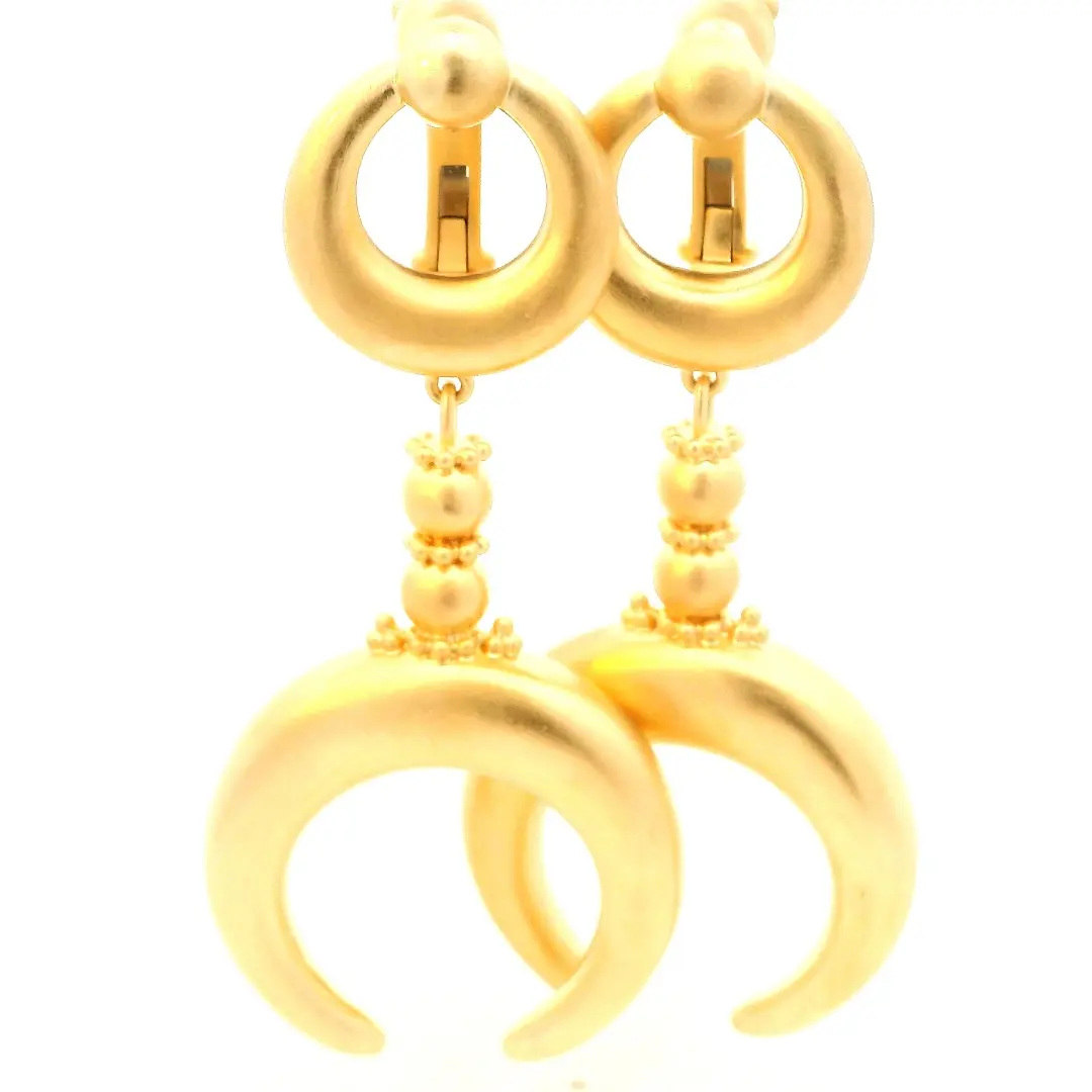 matte 18k gold crescent moon drop earrings, front view showing open ring tops, granulated bead links, and upturned crescent drops