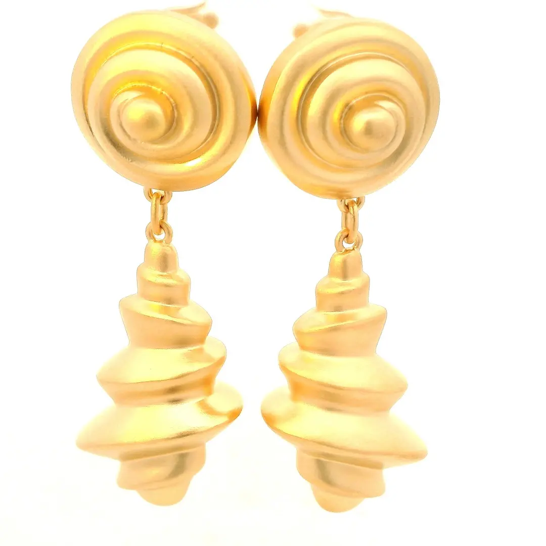 matte 18k gold spiral drop earrings, front view showing coiled shell dome tops and sculptural spiral drops