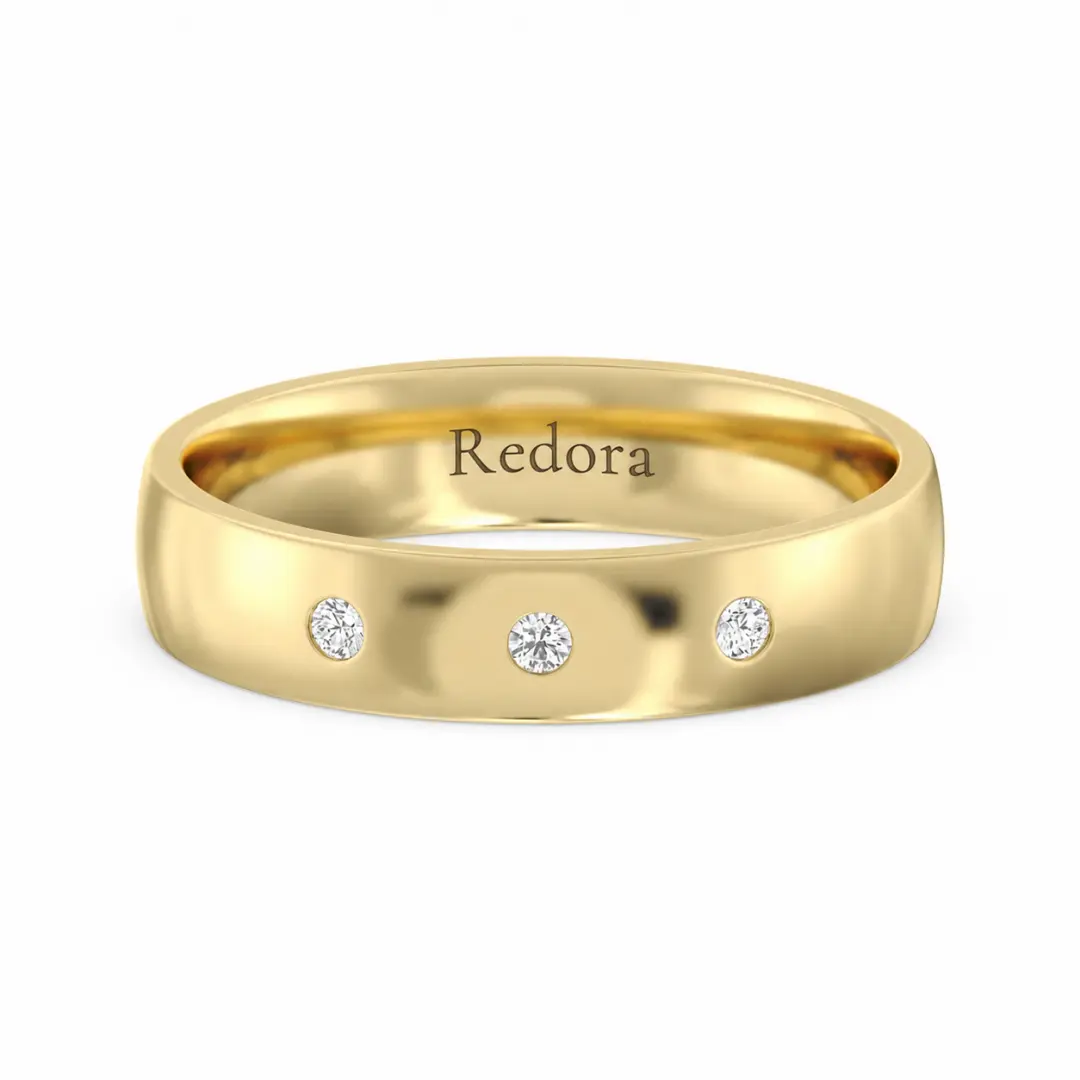 mens low dome flush set diamond band in 18k yellow gold, front view showing three round lab grown diamonds set level with the band surface