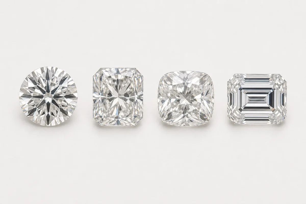 Round, radiant, cushion, and emerald diamonds shown side by side to compare brilliant, mixed, and step-cut light patterns