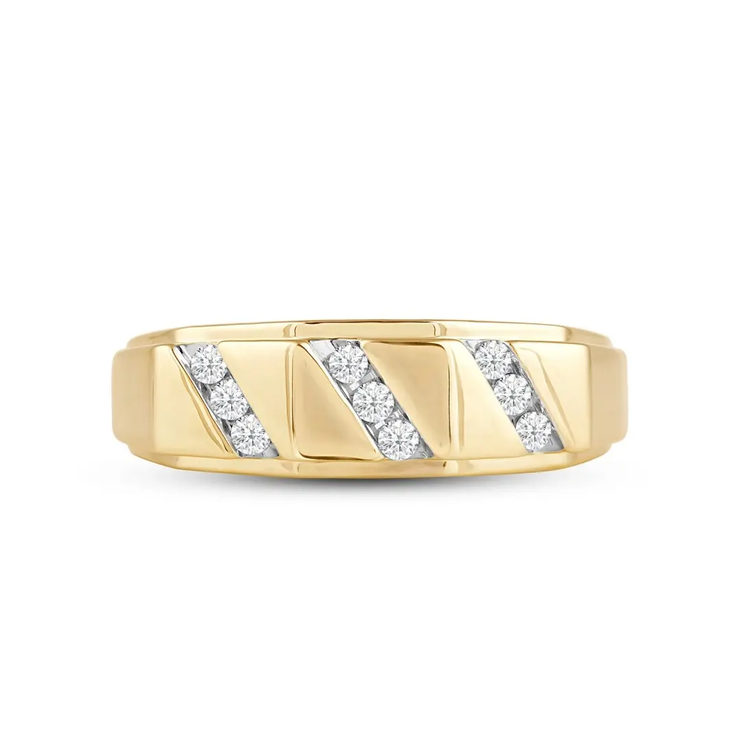 3 row diamond accent mens channel set wedding band in 18k yellow gold, front view showing three slanted channels of round lab grown diamonds