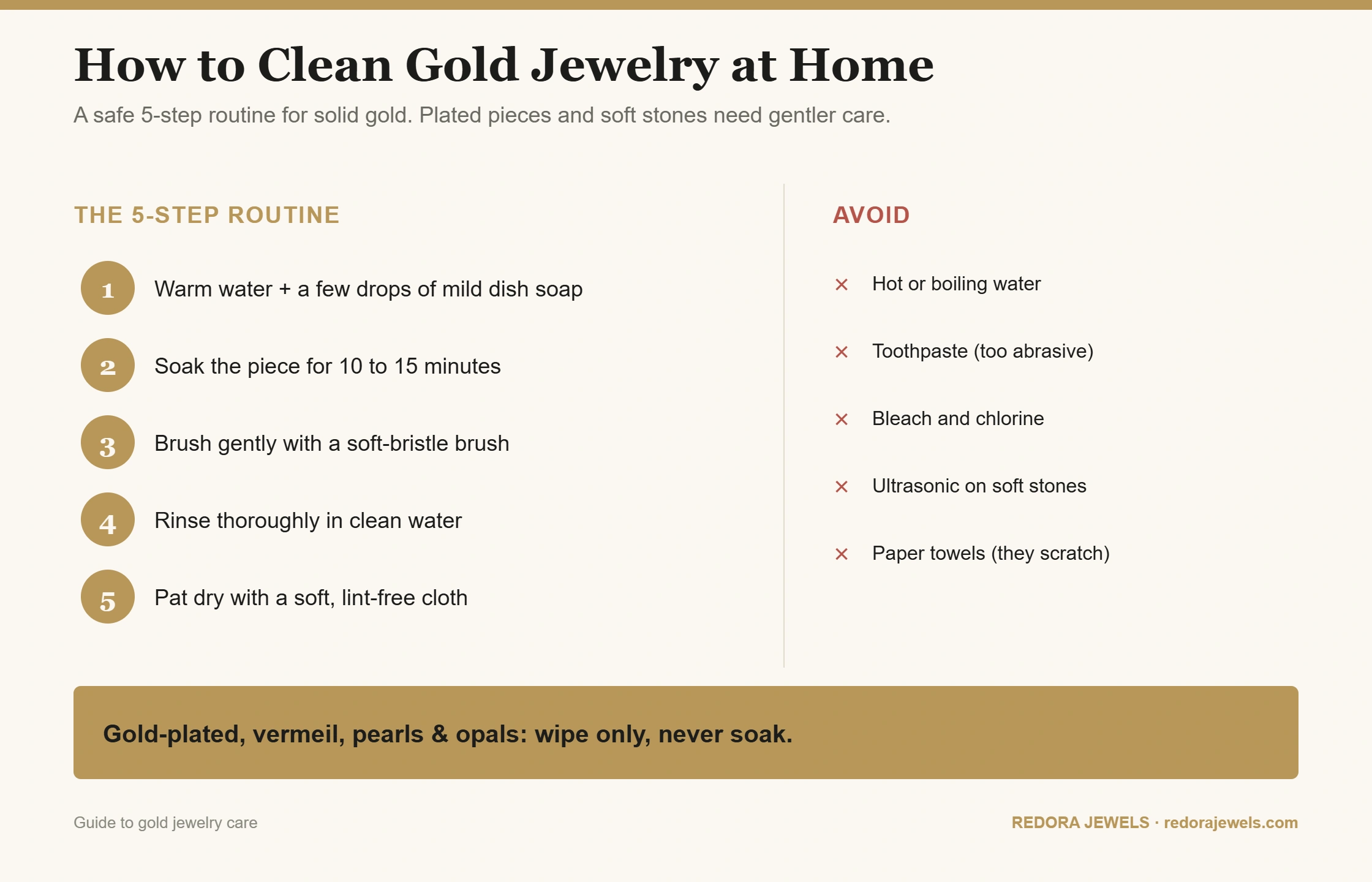 Five-step routine and what to avoid when cleaning gold jewelry at home