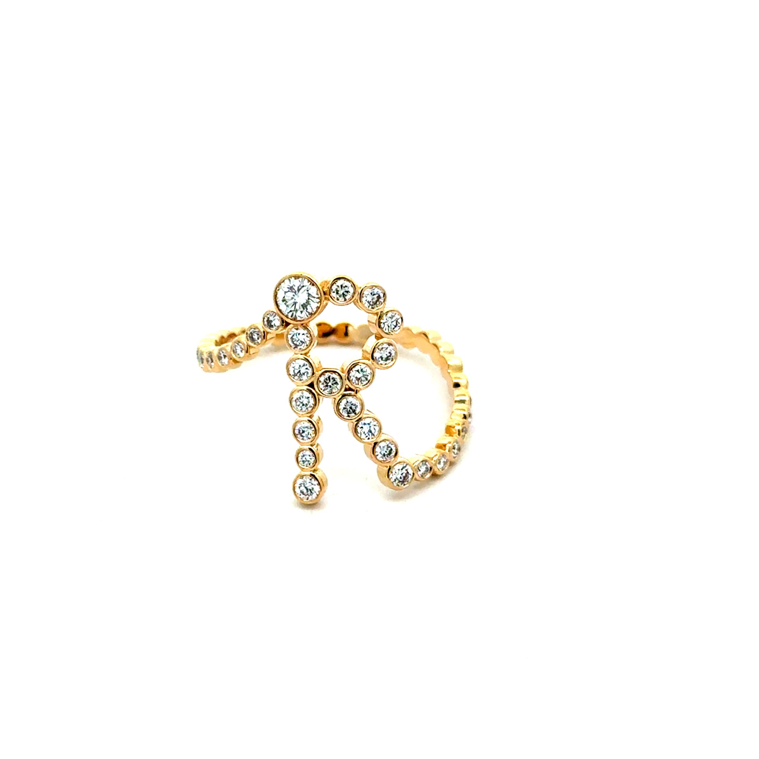 18k gold letter R initial ring with each diamond in its own bezel forming the letterform
