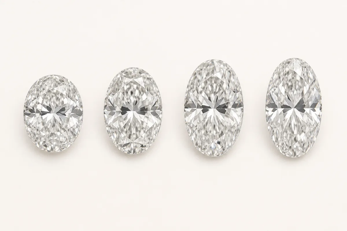 Four oval diamonds shown from shorter to more elongated outlines to illustrate increasing length-to-width ratios