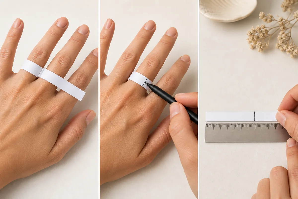 Three-step paper strip ring sizing method: wrap the finger, mark the overlap, and measure the strip beside a millimeter ruler