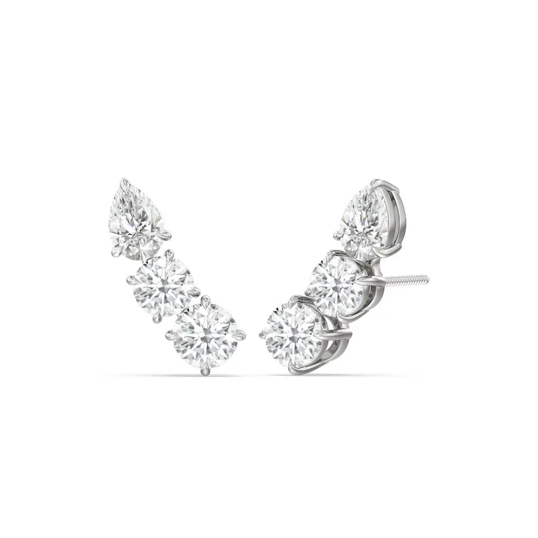 three stone lab grown diamond ear climber earrings in 14k white gold, front and profile