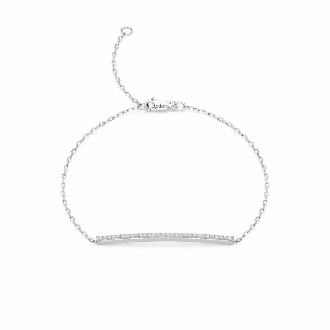 14k white gold pave diamond bar bracelet with a curved bar on a fine cable chain