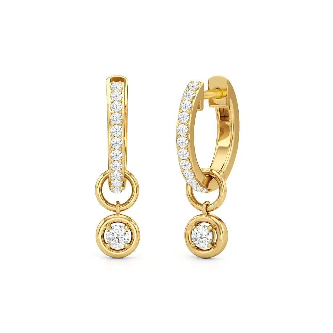 diamond huggie drop earrings in 14k yellow gold, pave hoops with bezel set diamond drops