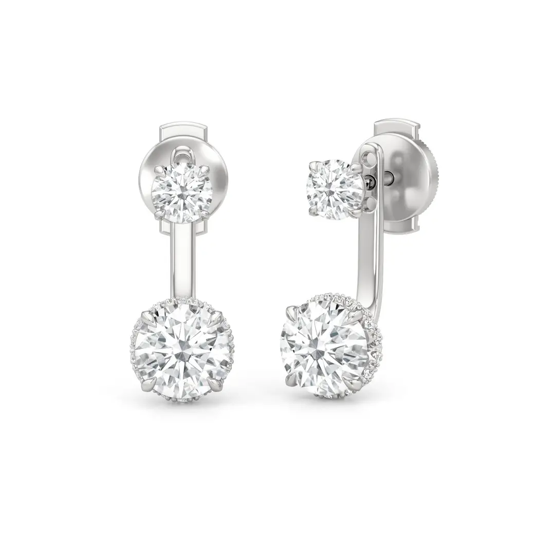 diamond ear jacket earrings in 14k white gold, a stud above a larger stone in a floral basket