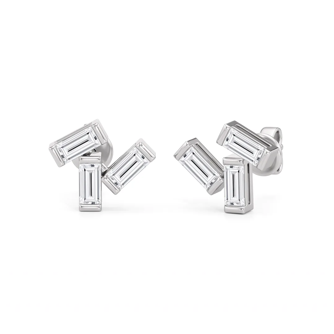 baguette diamond stud earrings in 14k white gold, three bar set baguettes per ear at staggered angles