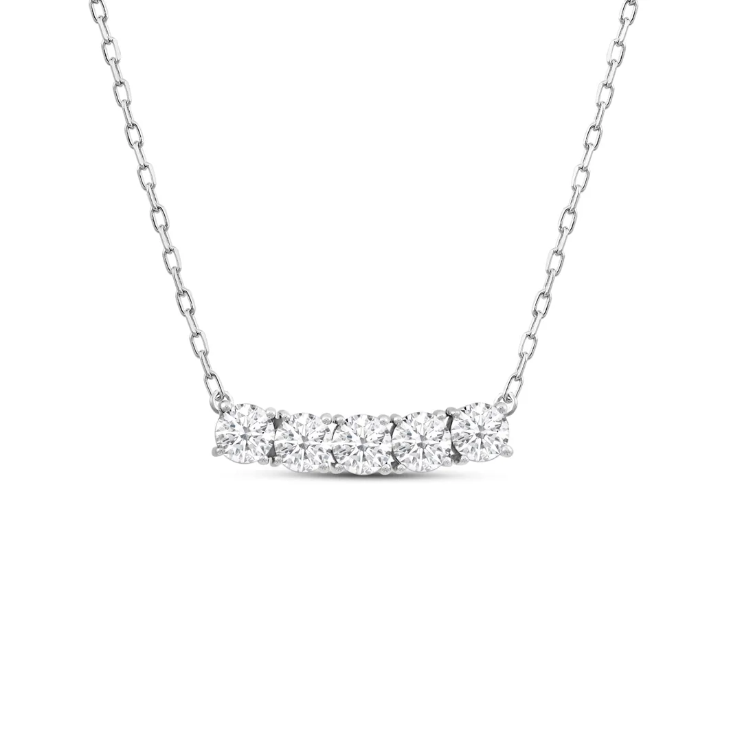 five stone diamond necklace in 14k white gold, five round diamonds shared prong set along a curved bar