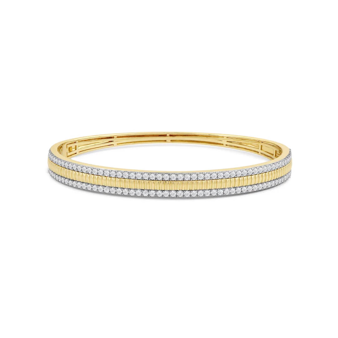 gold and diamond bangle bracelet in 14k yellow gold, fluted center between two pave rows
