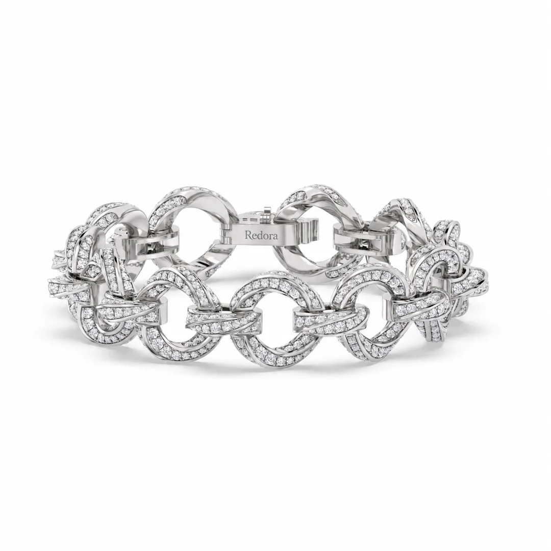 pave diamond link bracelet in 18k white gold, twisted circle links joined by polished hinge bars