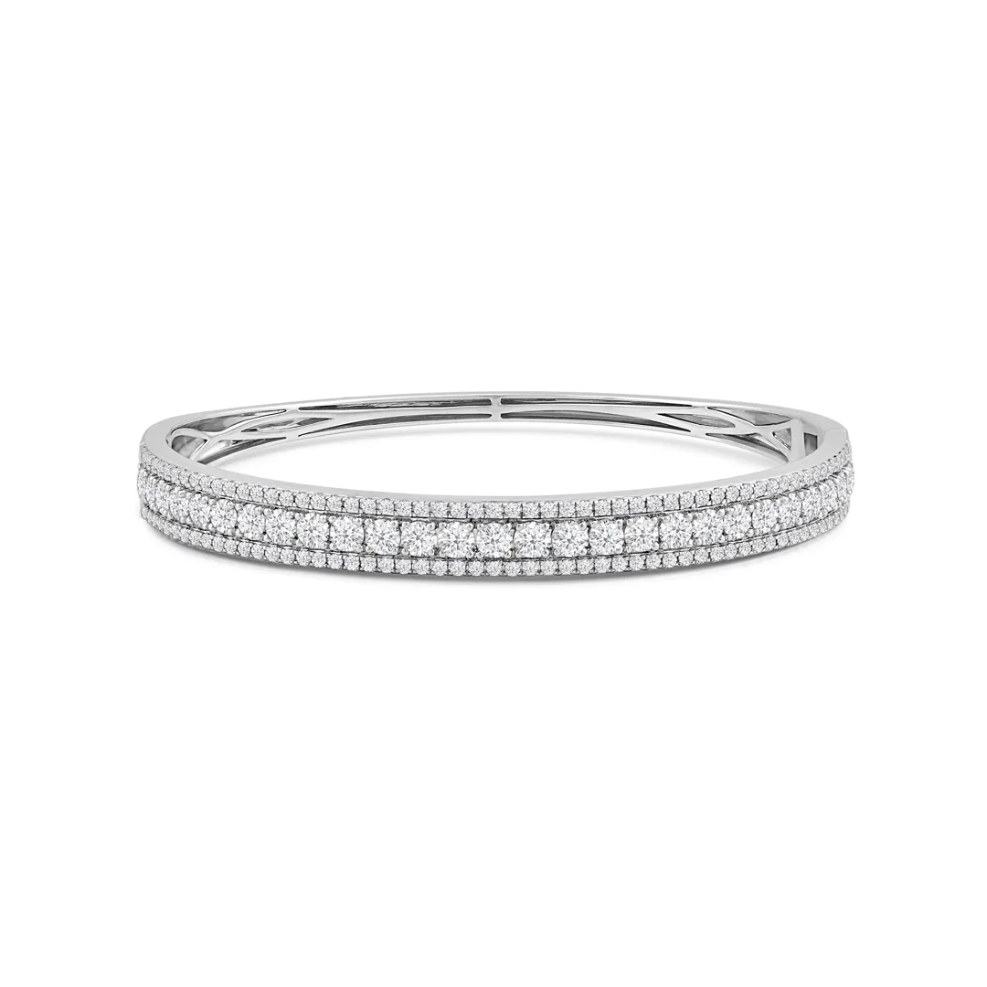 three row lab grown diamond bangle in 14k white gold, front view of the bezel set center row