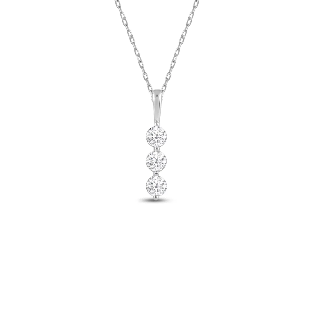 three stone diamond journey pendant in 14k white gold, three round diamonds stacked in a vertical column