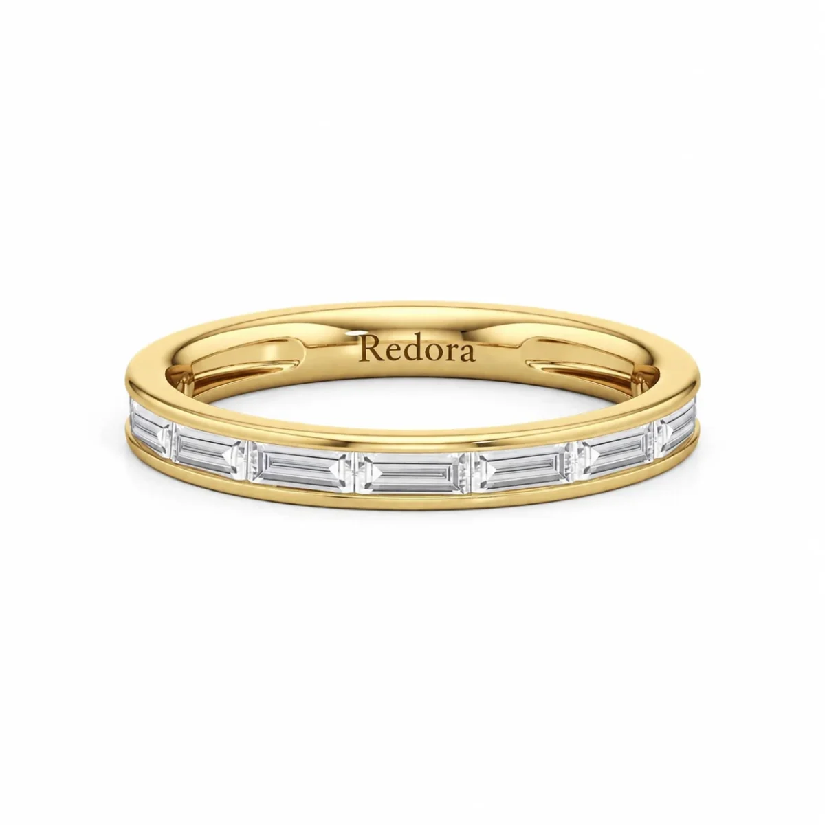 channel set baguette diamond ring in 14k yellow gold, nine baguettes across the band