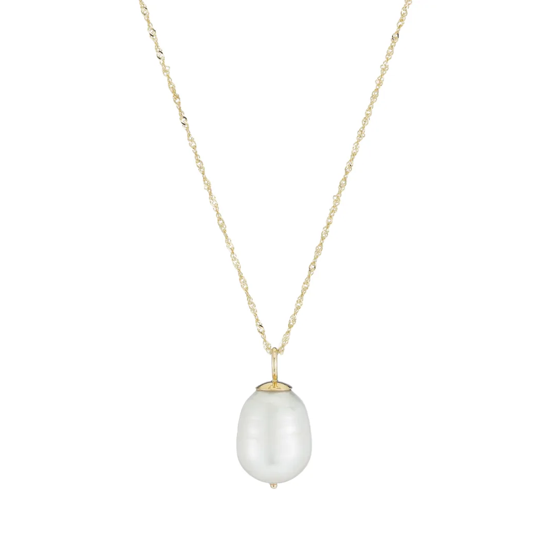 baroque cultured pearl drop necklace with a single unembellished pendant on a fine yellow gold chain