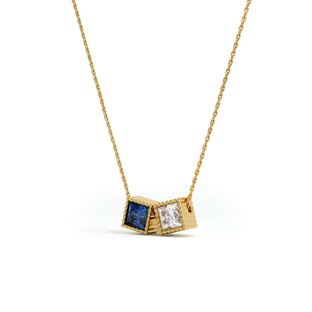 Lab-created birthstone necklace for mom in 14K yellow gold, two square frames in blue and white