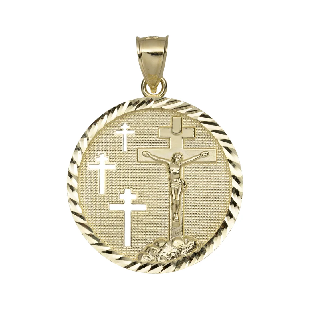 Crucifix medallion pendant in 10K yellow gold, front with the diamond cut rim and three pierced crosses