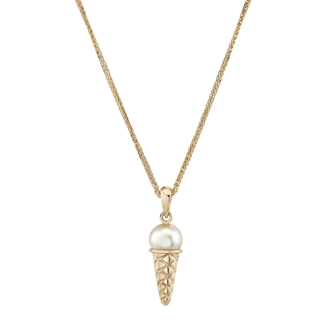 Cultured pearl ice cream charm with a yellow gold cone