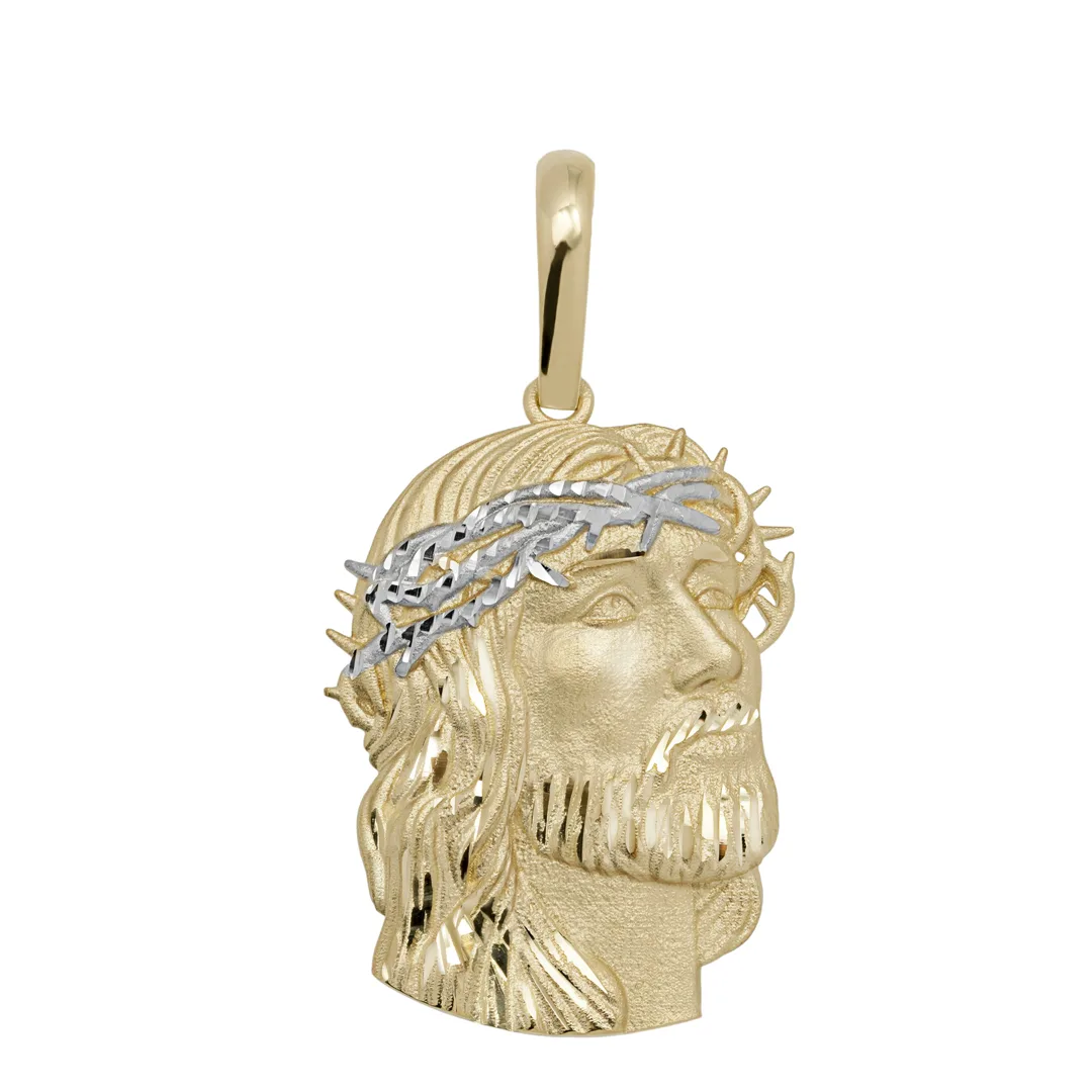 Face of Jesus pendant in two tone 10K gold, satin face with a white crown of thorns