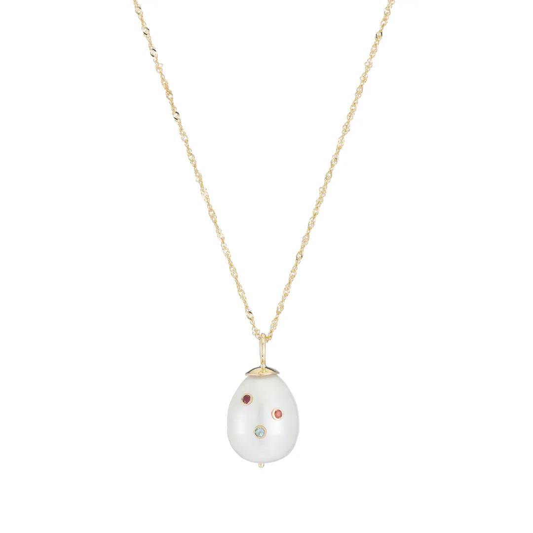 Gemstone cultured pearl pendant in 14K yellow gold with three colored accents on a Singapore chain