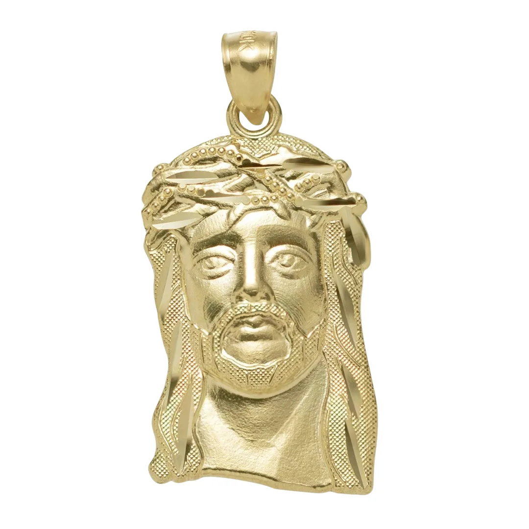 Jesus head pendant in 10K yellow gold, front view with the crown of thorns and satin face
