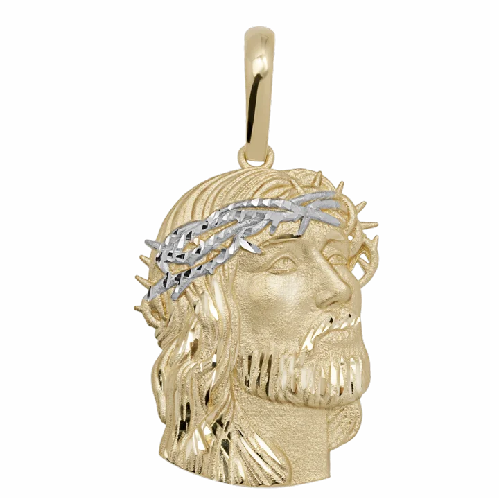 two tone face of Jesus pendant in 10k gold with a white crown of thorns and a long tube bail