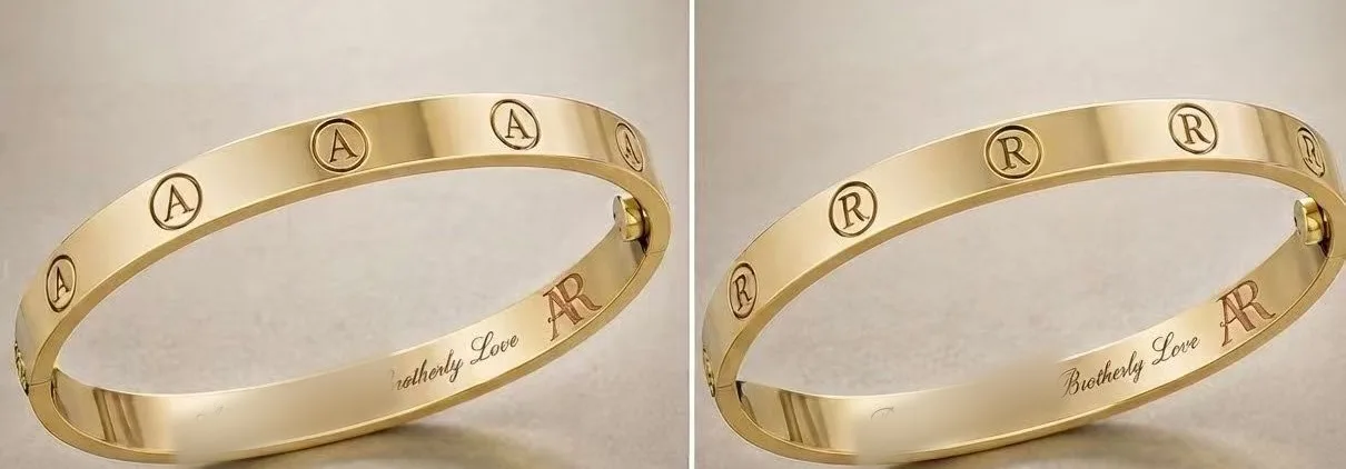AI generated design image of two flat gold bangles with letter A and letter R roundels and script engraving inside, names blurred