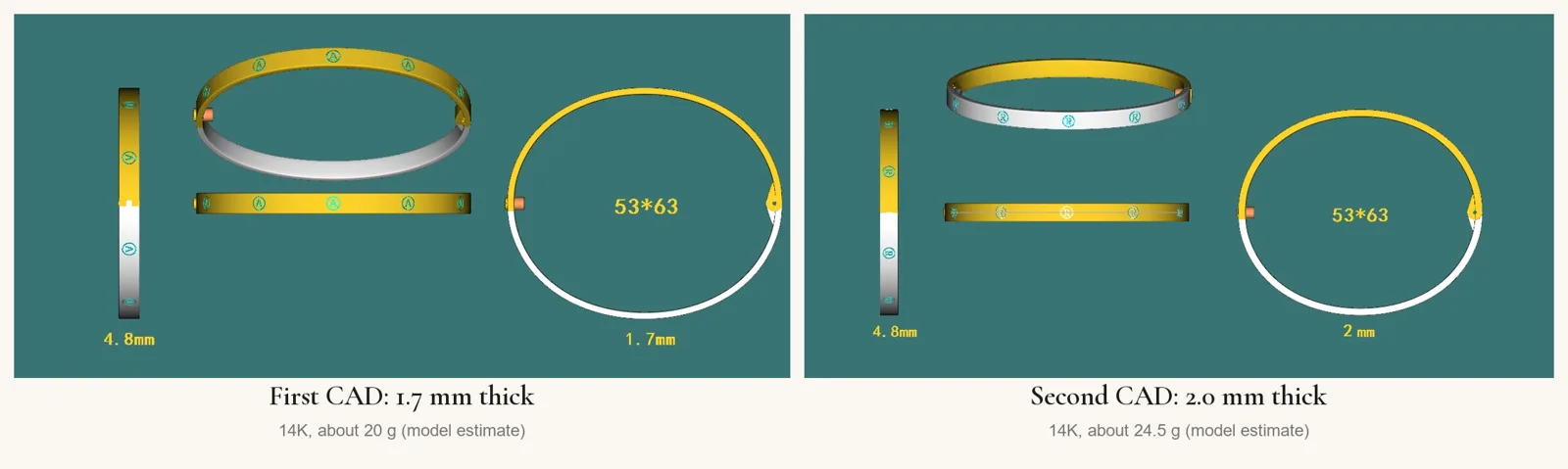 Two CAD drawings of the same 4.8 mm gold bangle, the first 1.7 mm thick and the second 2.0 mm thick, both with a 53 by 63 mm inner oval