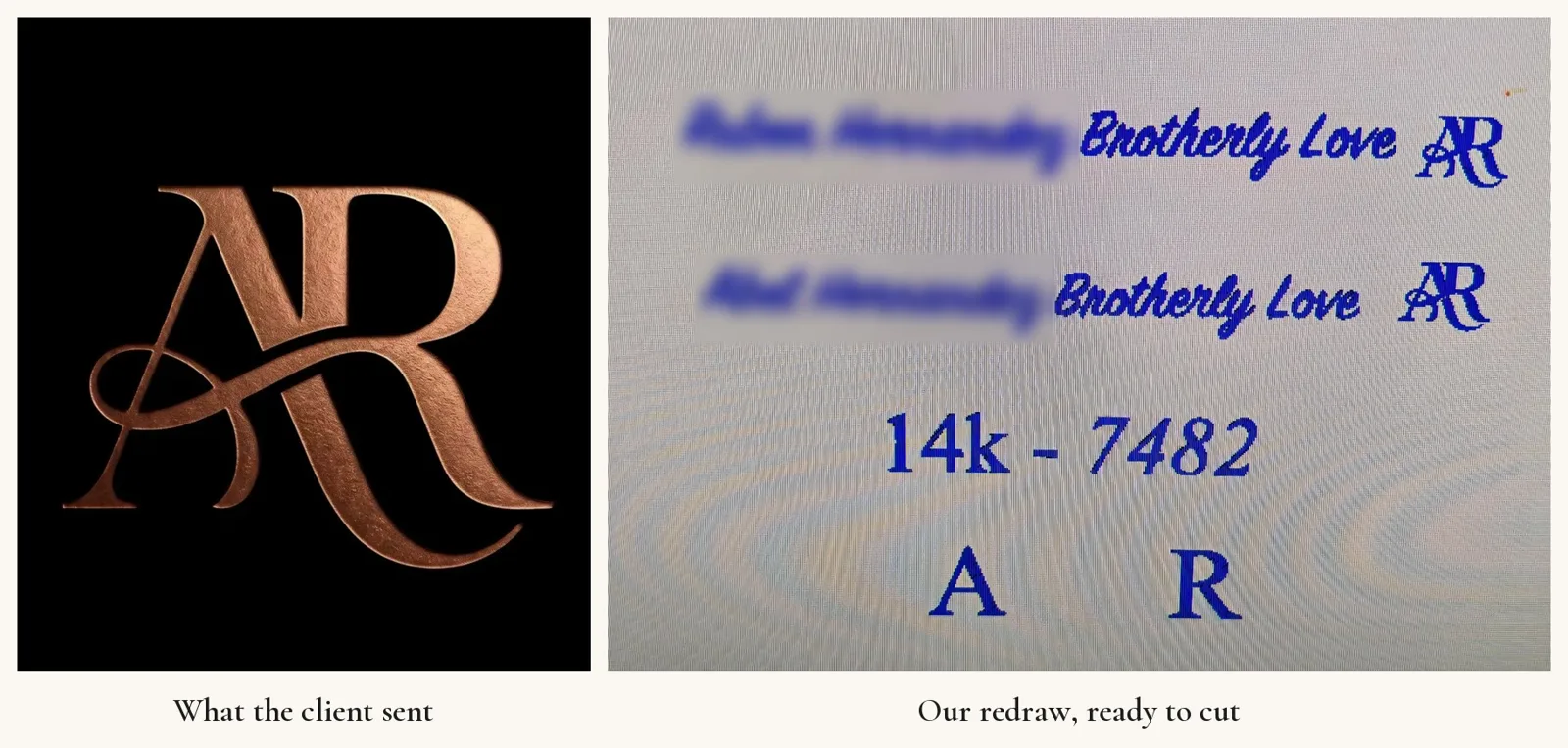 Client AR monogram image beside the redrawn script, monogram and serif letters prepared for engraving, names blurred