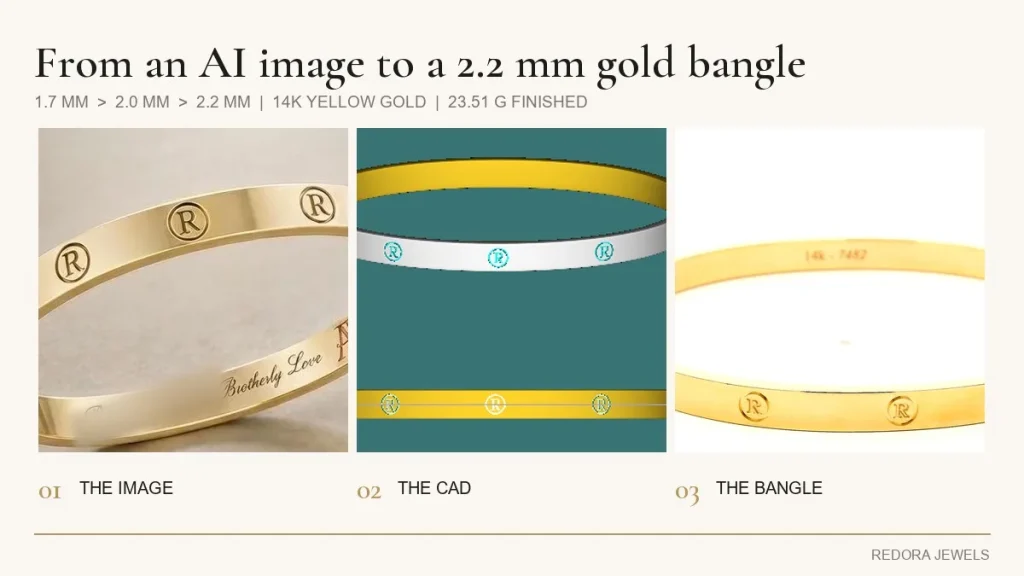 From an AI image to a CAD drawing to a finished 2.2 mm 14K yellow gold bangle with letter R roundels