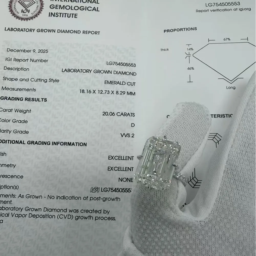 IGI report LG754505553 listing measurements of 18.16 x 12.73 x 8.29 mm and 20.06 carats beside the set emerald cut diamond it describes