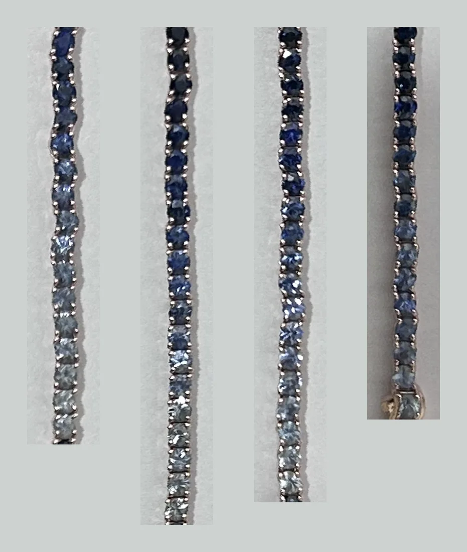 A 14K rose gold tennis bracelet of lab grown blue sapphires shown as four strips side by side, each fading from deep blue to pale