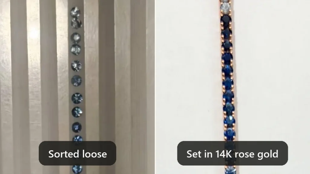 Loose lab grown blue sapphires sorted in a tray on the left and the finished 14K rose gold ombre tennis bracelet on the right